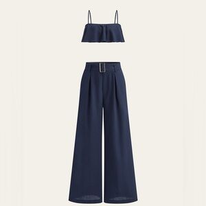 Navy 2 piece set Wide-Leg Pants Set Linen Blend Large